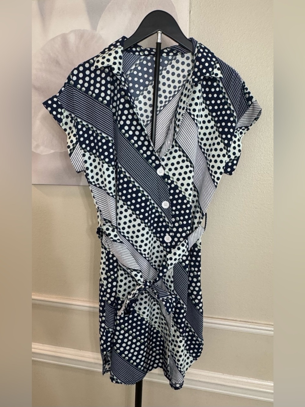 Women’s Large Polka Dot Print Batwing Sleeve Mini Dress With Self-Tie Waist Belt